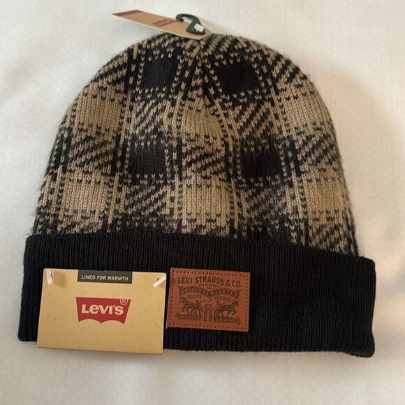 Levis Beanie Mens Black Plaid Fleece Lined - Picture 1 of 2